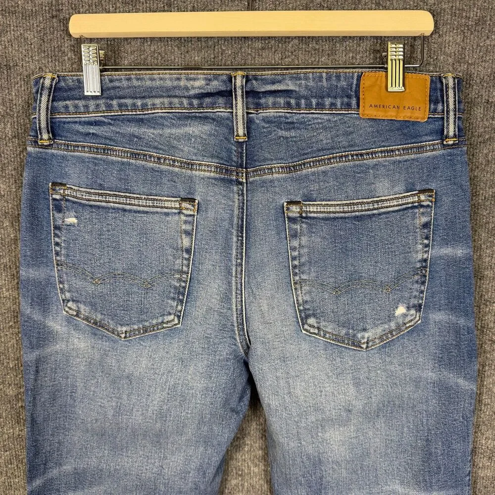 American Eagle Men's Slim Straight Jeans Airflex+ 34x28 Distressed Ripped Blue